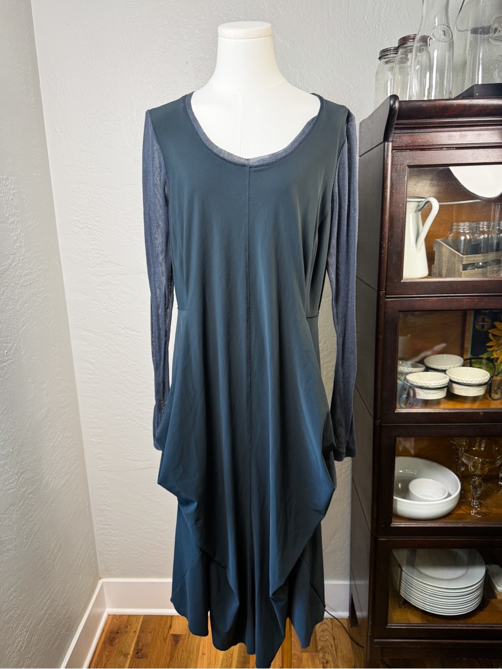Porto San Francisco Black Draped Pocket Midi Mesh Sleeve Dress Size L